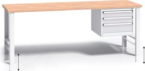 Stół warsztatowy z regulacją wysokości G3, 2000 x 685 x 840-1050 mm, 1x 3 szufladowy kontener, szary