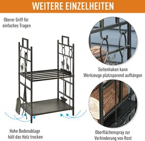 Stojak na drewno kominkowe Outsunny z zestawem narzędzi kominkowych, regał na drewno kominkowe, żelazo, złote, 51,5x33x77 cm