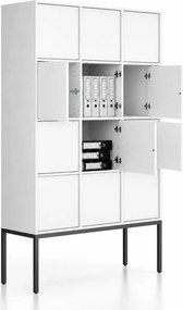 Szafa biurowa FRAME, czarna podstawa, 12x drzwi, 1299 x 450 x 2185 mm, PUSH-lock, biały