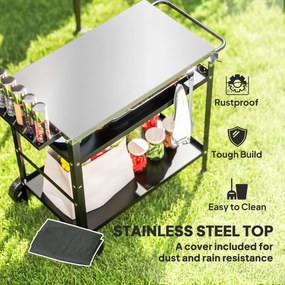 Outsunny Wózek Grillowy 3-Poziomowy z Blatem Roboczym Uchwyty Pokrywa Koła, BBQ Stół Grillowy ze Stali Nierdzewnej 100x52x80cm Czarny