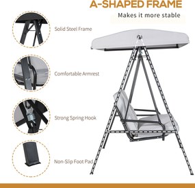Outsunny Huśtawka Hollywood, 2-osobowa Huśtawka Ogrodowa z Regulowanym Daszkiem, Udźwig do 220 kg, 145 x 116 x 172 cm, Szara