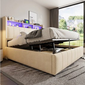 Podwójne tapicerowane łóżko ze schowkiem - 160 x 200 cm - z diodami LED + portem USB - zagłówek ze schowkiem - Tkanina lniana - Beżowy