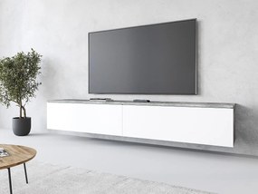 Nowoczesna szafka RTV 180 cm do salonu z LED – 2-drzwiowa, bezuchwytowa, korpus beton mat, fronty biały połysk, stojąca lub wisząca