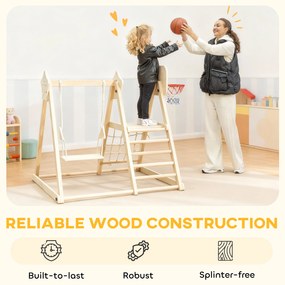 AIYAPLAY 5-w-1 domowy zestaw wspinaczkowy z zjeżdżalnią, huśtawką, siatką do wspinaczki, koszem do koszykówki, składany, 3-6 Jahre, drewno naturalne