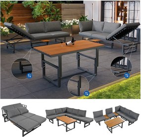 Zestaw mebli ogrodowych modułowych z ocynkowanego żelaza: 2 rozkładane sofy 3-osobowe + 1 stolik kawowy - Szary