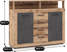 Komoda Dwudrzwiowa z Szufladami BLAGO MIDI B 119,5 cm Surowy Dąb/Grafit Loft