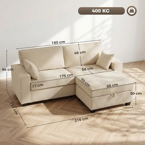 HOMCOM Narożnik z pufą z pojemnikiem, sztruks, 3-osobowy sofa w kształcie L z wypełnieniem sprężynowym, szerokie siedzisko, beżowy | Aosom PL