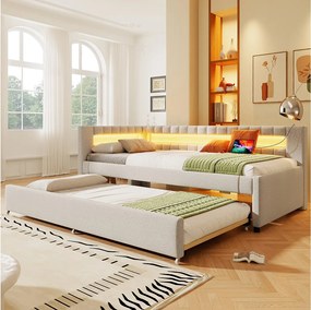 Łóżko tapicerowane wysuwane - 90 x 200 cm + 90 x 190 cm - z diodami LED + USB + Typ C - materac nie jest wliczony w cenę - pościel + płyta MDF - beżowe