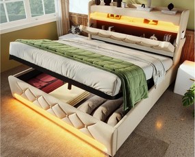 Tapicerowane łóżko z pojemnikiem 160x200 cm - z LED i portami ładowania USB - Tkanina lniana - Wezgłowie z przestrzenią do przechowywania - Beżowy