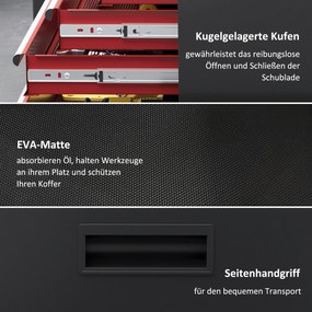 HOMCOM Mobilna szafka narzędziowa, stabilna z górną skrzynką narzędziową i szufladami, zamykana, metal, czarno-czerwona