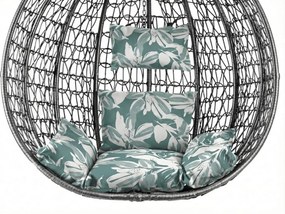 Szare wiszące krzesło KOKON bez stojaka, zielono-biała poduszka