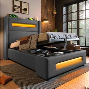 Łóżko 90x200 cm z pojemnikiem – łóżko dziecięce z ładowaniem USB i oświetleniem LED – szary len – bez materaca