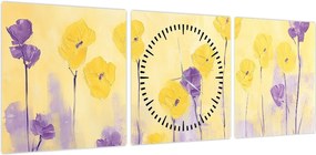 Obraz - Fioletowe i żółte kwiatuszki (z zegarem) (90x30 cm)