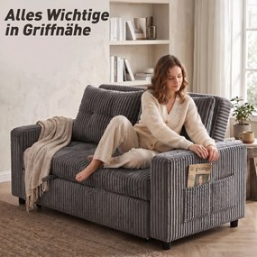 HOMCOM Sofa-łóżko 2-osobowa, pokrycie ze sztruksu, przekształcalna w sofę rozkładaną, 2 poduszki, kieszenie boczne, 157 x 190 cm, ciemnoszara | Aosom PL
