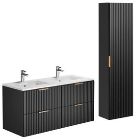 Szafka łazienkowa wisząca ryflowana z umywalką wpuszczaną w blat i słupkiem - Czarny - 120 cm - ZEVARA