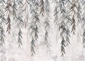 Obraz na szkle - Gałązki wierzby w szarym tynku (70x50 cm)