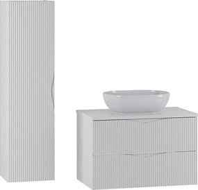 Biały Zestaw do Łazienki 80cm Szafka z Blatem Umywalka Słupek Ryflowane Fronty Cleo