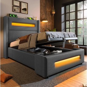 Łóżko 90x200 cm z pojemnikiem – łóżko dziecięce z ładowaniem USB i oświetleniem LED – szary len – bez materaca