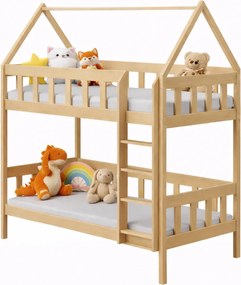 Drewniane dziecięce łóżko piętrowe domek, sosna R7-G86