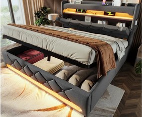 Tapicerowane łóżko z pojemnikiem 180x200 cm - z LED i portami ładowania USB - Tkanina lniana - Wezgłowie z przestrzenią do przechowywania - Szary
