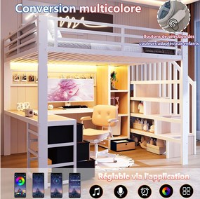 Łóżko piętrowe dla dzieci - 140 x 200 cm - rama żeliwna - z 4 szufladami + półka + drabinka + diody LED + biurko - metalowe - białe