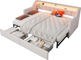 Łóżko dzienne 90 x 200 cm - łóżko wysuwane z 2 szufladami i kieszeniami do przechowywania - beżowa pościel - materac nie jest wliczony w cenę