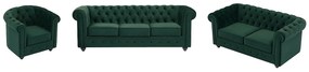 Kanapa 3 osobowa, 2 osobowa i fotel z zielonego weluru - CHESTERFIELD