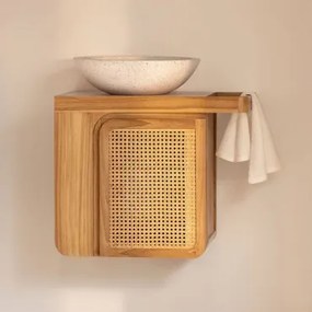 Zestaw Wiszących Mebli Łazienkowych Z Drewna Tekowego Georgy Drewno Tekowe & Cement Okrągły Biały Ø40 Cm Zavion & Bezlusterkowiec & Bez Kranu - Sklum