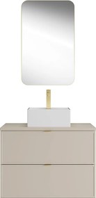 Wisząca szafka łazienkowa z kwadratową umywalką nablatową, baterią i lustrem – Beżowa – 80 cm – ONDIL