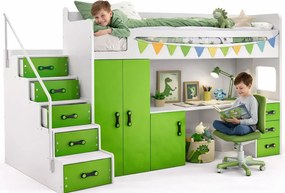 Biało-zielone łóżko na antresoli dla dziecka z biurkiem i szafą N2-S31