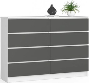Komoda AKORD K140 Biała 138 cm 8 szuflad kolor Grafit Szary mat 138x40x99 cm