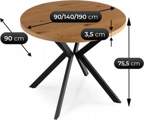 Stół Okrągły Rozkładany LUGO 90-190 cm Dąb Złoty/Czarny Loft