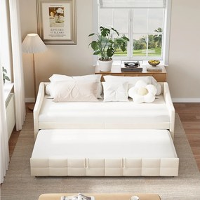 Rozkładana Sofa Łóżko 90x200 cm z Beżowego Flanelowego Materiału, Minimalistyczny Design Bez Schowka i Materaca