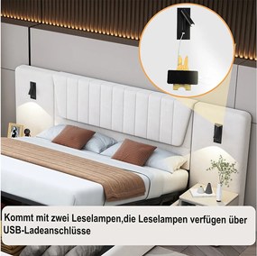 Łóżko ze schowkiem 180 x 200 cm z ekstra długim oparciem, lampką do czytania i portem USB - Velvet - kolor beżowy (bez materaca)