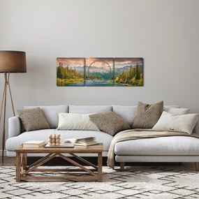 Obraz górskiej rzeki i gór (z zegarem) (90x30 cm)