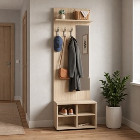 Garderoba z szafką na buty i lustrem PRIMO WOOD, 3 haczyki, półka, tekstura drewna pionowa, buk