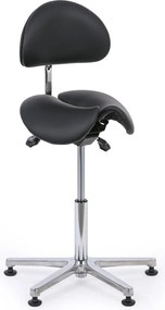 Taboret roboczy z oparciem ARDO, siedzisko w kształcie siodła, na ślizgaczach, czarna