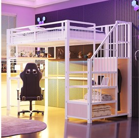 Łóżko piętrowe metalowe - 90 x 200 cm - z diodami LED + gniazdko elektryczne + drabinka + biurko + półka - metalowe - białe