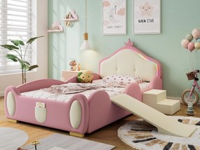 Łóżko dziecięce 90x200cm z ekoskóry z małą zjeżdżalnią i schodami + multikolorowe LED i stelaż na listwach - Beżowe