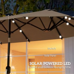 Outsunny Podwójny parasol 292 x 150 cm, parasol z oświetleniem LED, korbka, regulacja kąta, Khaki | Aosom PL