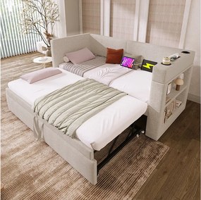 Tapicerowana sofa 90x200 cm - z łóżkiem wysuwanym 90x200 cm - z portami USB i Type-C - z uchwytem na kubek - Beżowy (bez materaca)