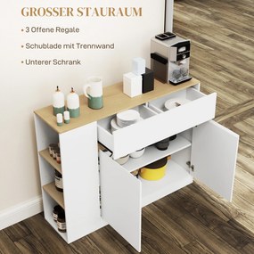 HOMCOM Sideboard z dużą szafką, 3 półkami, szufladą, 105 x 30 x 81,5cm, Biały/Drewno