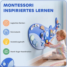 AIYAPLAY Montessori deska motoryczna 13-w-1 drewniana tablica aktywności w kształcie wieloryba montowana na ścianie z ksylofonem i zegarem oraz zębatkami | Aosom PL