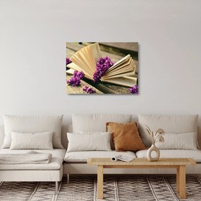 Obraz na szkle - książka i fioletowe kwiaty (70x50 cm)