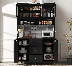 Nowoczesny kredens kuchenny 140x40x190cm - z otwartymi półkami - z 3 szufladami i 5 drzwiami - Czarny