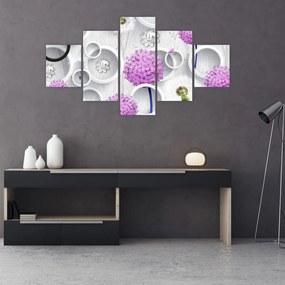 Obraz abstrakcji 3D z kołami i kwiatami (125x70 cm)