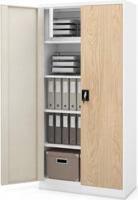 Szafa metalowa ze schowkiem biała / dąb sonoma: Eco Design TOMASZ, 900 x 1850 x 450 mm