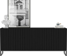 Komoda z 3 drzwiami – korpus Czarny mat, fronty ryflowane Czarny mat – 168 cm, czarna metalowa rama