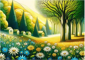 Obraz na szkle - Wieś w żółto-zielonym (70x50 cm)