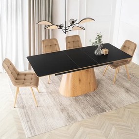 Zestaw Stół Rozkładany Ceramiczny LIZBONA 160-200 cm Czarny/Dąb i 4 Krzesła Tapicerowane RODRI Beżowe